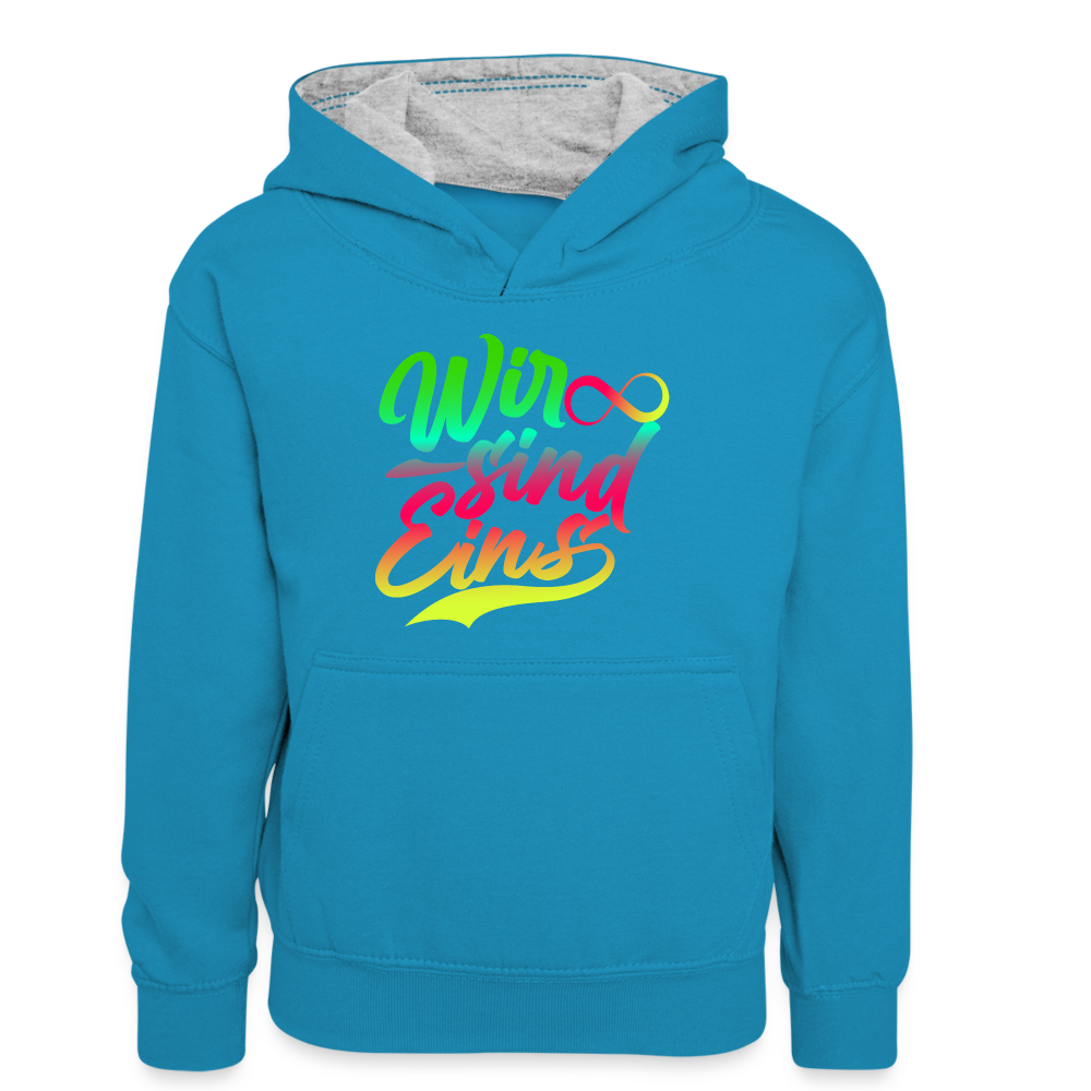 Teenager Kontrast-Hoodie - Wir sind Eins - Pfauenblau/Grau meliert